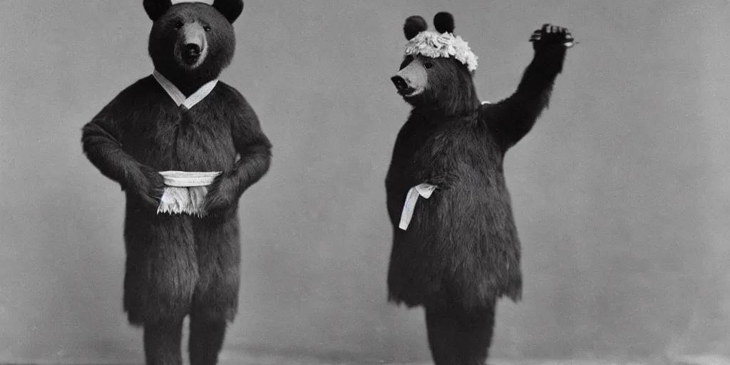 Prompt: anthropomorphic asian black bear in cosplay, 1900s photo