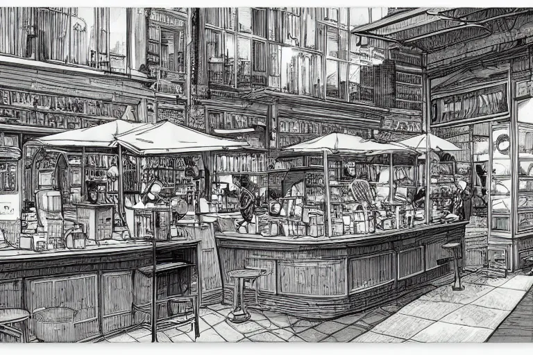 Image similar to coffee shop by moebius