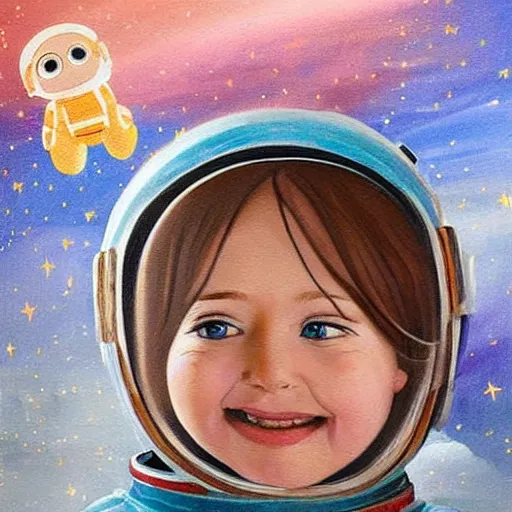 Image similar to a cute little girl with a round cherubic face, blue eyes, and short wavy light brown hair smiles as she floats in space with stars all around her. she is an astronaut, wearing a space suit. beautiful painting with highly detailed face by quentin blake and greg rutkowski