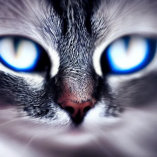 Image similar to A beautiful photo of a cat looking out of the window at night,It has big blue eyes , Photography , Highly Detailed