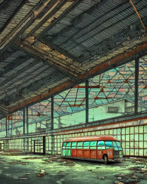 Image similar to a beautiful detailed illustration of abandoned building bus station by denise scott brown, apocalyptic tundra reclaimed by nature wilderness magic realism junglepunk liberty city studio ghibli thermal vision poppy cyberpunk meadow thermal imaging darkacademia biopunk dramatic lighting, archdaily, wallpaper, highly detailed, trending on artstation.