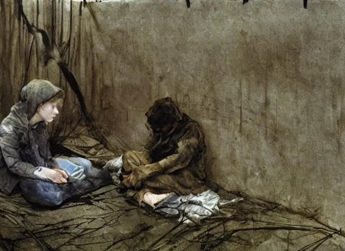 Image similar to poor child talking to an skinny teenager in a dirty makeshift hospital, painting by andrew wyeth and alan lee, very detailed, somber mood,