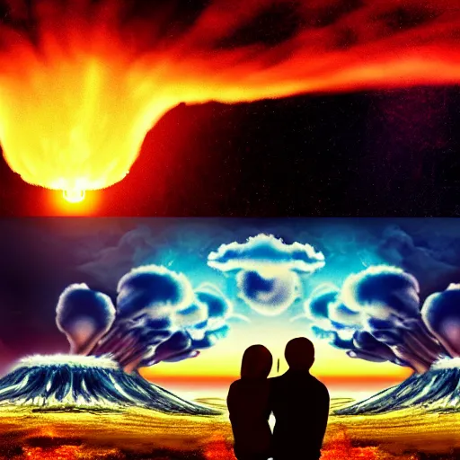 Image similar to a young couple watching a nuclear explosion, romantic, mushroom cloud, uplifting, happy, apocalytic detailed digital matte painting