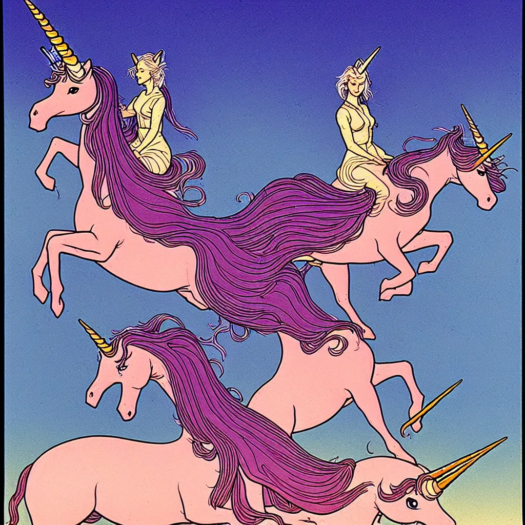 Image similar to woman riding a unicorn by moebius