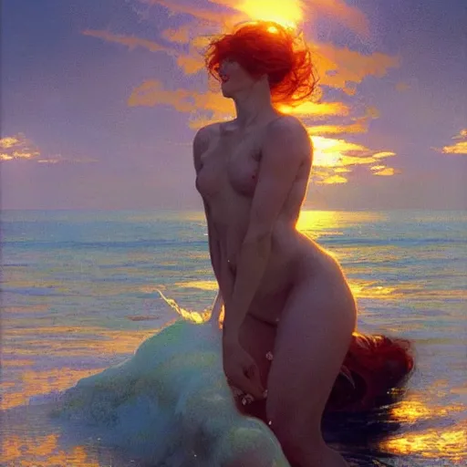 Image similar to sea of glossy liquid honey drops flowing like translucent amber, backlit, sunset, refracted lighting, art by collier, albert aublet, krenz cushart, artem demura, alphonse mucha