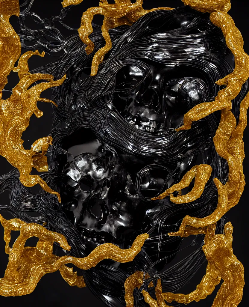 Prompt: fully black background. background hex 000000. goddess princess face close-up portrait ram skull. sculpture made of gold and black charcoal and dichroic glass. jellyfish phoenix head, nautilus, orchid, skull, betta fish, bioluminiscent creatures, intricate artwork by Tooth Wu and wlop and beeple. octane render, trending on artstation, greg rutkowski very coherent symmetrical artwork. cinematic, hyper realism, high detail, octane render, 8k