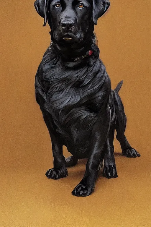 Prompt: oil painting portrait of black slender and thin anthropomorphized labrador dog wearing royal clothes, highly detailed, digital painting, artstation, concept art, sharp focus, illustration, art by leyendecker and greg rutkowski and alphonse mucha