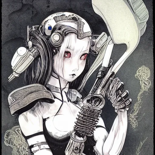 Prompt: beautiful bishoujo maiden queen ww1 soldier gas mask, xenomorph, biomech, lithograph, engraving, monochrome, portrait, character design, worn, dark, manga style by yoshitaka amano, tsutomo nihie, kelly mckernan, peter mohrbacher, harry clarke, takayuki takeya, machinerie, industrial warfare,