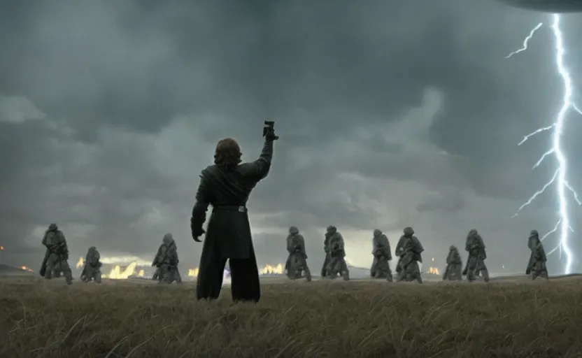 Image similar to screenshot portrait of Luke Skywalker in a windy lightning battlefield with scattered ruins of a fiery jedi rock temple, surrounded by giant AT-AT walkers, with young jedi army behind him, iconic scene from 1970s film by Stanley Kubrick, last jedi, 4k HD, cinematic lighting, beautiful portrait of Mark Hammill, moody scene, stunning cinematography, mcu effects, anamorphic lenses, kodak color film stock