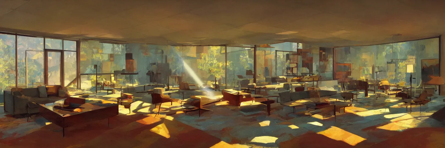 Image similar to midcentury architecture. modernism. rays of light filling the room. warm colors. wide shot. craig mullins.