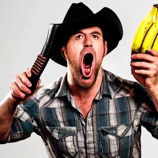 Prompt: gruff cowboy holding a banana like a gun