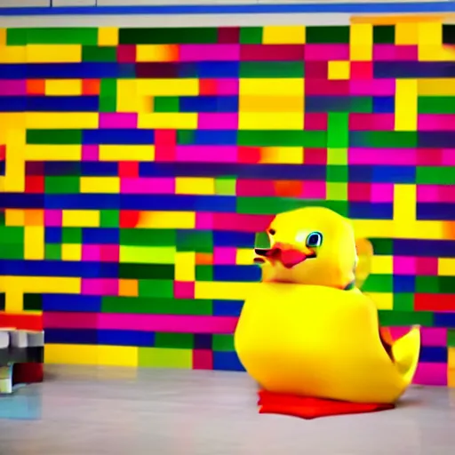 Image similar to a large rubber duck sits alone in a large room next to a birthday cake made out of lego bricks. the walls are covered with colorful wall paintings in the style of sol lewitt.