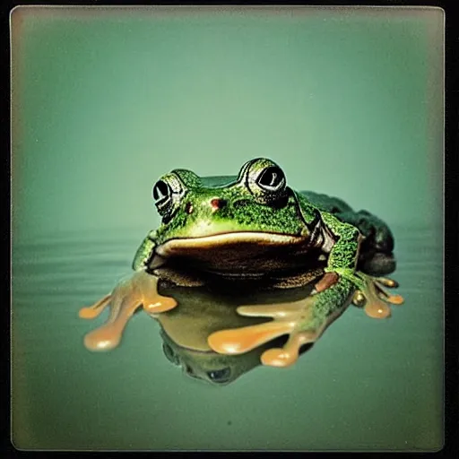 Image similar to “semitranslucent smiling frog amphibian rising above the waters of misty lake in Jesus Christ pose, low angle, polaroid shot by Andrei Tarkovsky, paranormal, spiritual, mystical”