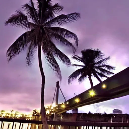 Image similar to blue hour, mostly cloudy sky, palm trees, bridge, curved bridge, dusk, 2 4 0 p footage, 2 0 0 6 youtube video, 2 0 0 6 photograph, low quality photo, home video