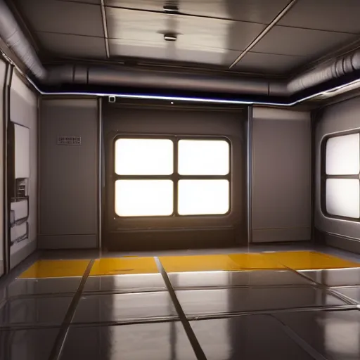 Image similar to photorealism of room of a spacecraft hyper realistic sci - fi realistic, unreal engine cinematic lighting,