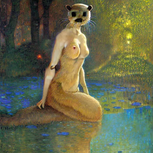 Prompt: portrait of a furry anthromorphic otter wearing a dress. furaffinity forest fantasy highly detailed painting by gaston bussiere craig mullins jc leyendecker gustav klimt artgerm greg rutkowski john berkey, bergey, craig mullins, ruan jia, raymond swanland, jeremy mann, tom lovell, alex malveda