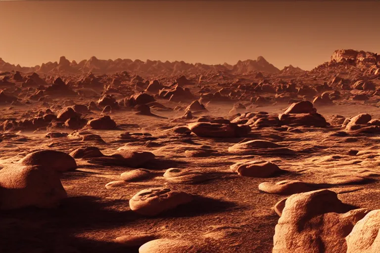 Image similar to A stunning, epic, cinematic film still of a desert planet with rocky cliffs in the distance.