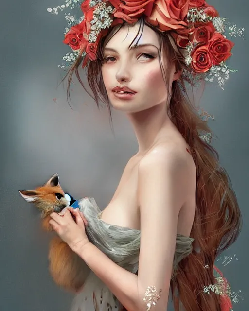 Prompt: a beautiful digital concept portrait of a beautiful woman with fox wearing a wearing a long silk dress with roses by stanley artgerm lau wolp ross draws lerapi and skimichan