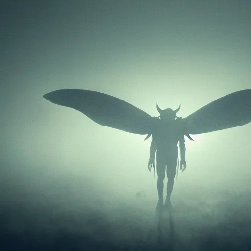 Image similar to mothman glowing eyes misty atmospheric ominous perspective