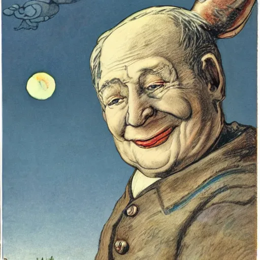 Image similar to cresent moon man smiling portrait, surrounded by clouds, landscape, illustrated by peggy fortnum and beatrix potter and sir john tenniel