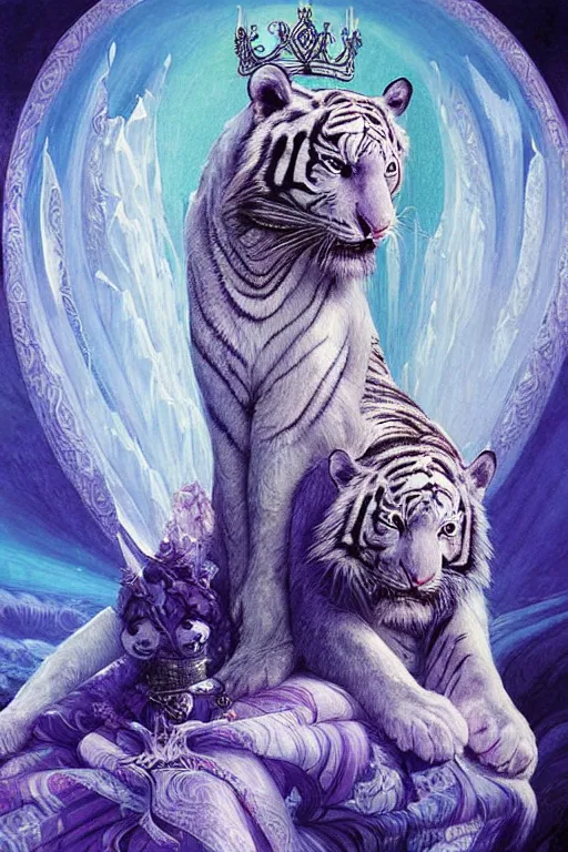 Image similar to a beautiful ultradetailed painting of the empress on a throne made of waves and ice with her white tiger guardian by Karol Bak, blue and purple colour scheme, volumetric lighting.