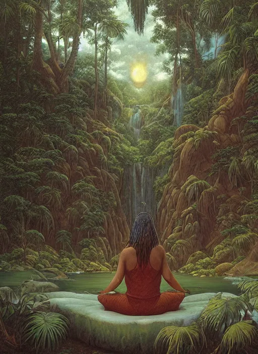 Image similar to an indigenous woman meditating in the amazon jungle, gazing at the water, highly detailed, art by christophe vacher