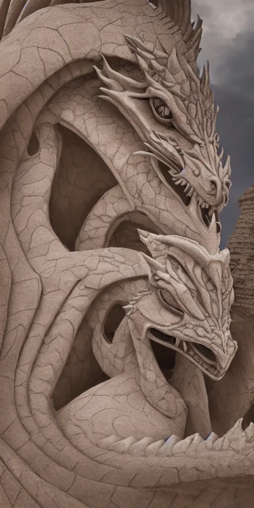 Image similar to photograph of the perfect and detailed of a dragon how a sand sculpture designed by architect antoni gaudi, cinematic composition, catalan modernisme, hyperrealistic, volumetric lighting, epic, insanely detailed, beautiful, unreal engine 5 render, 8 k,