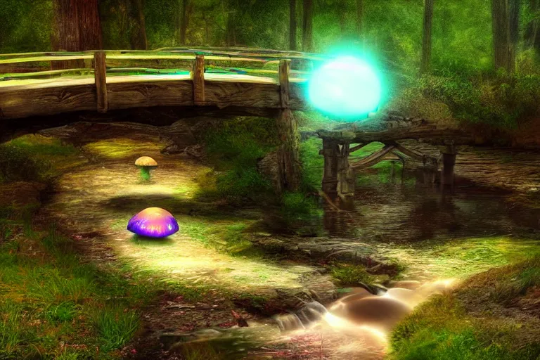 Image similar to giant glowing mushrooms next to a small bridge, flowing water, digital art, scenic,