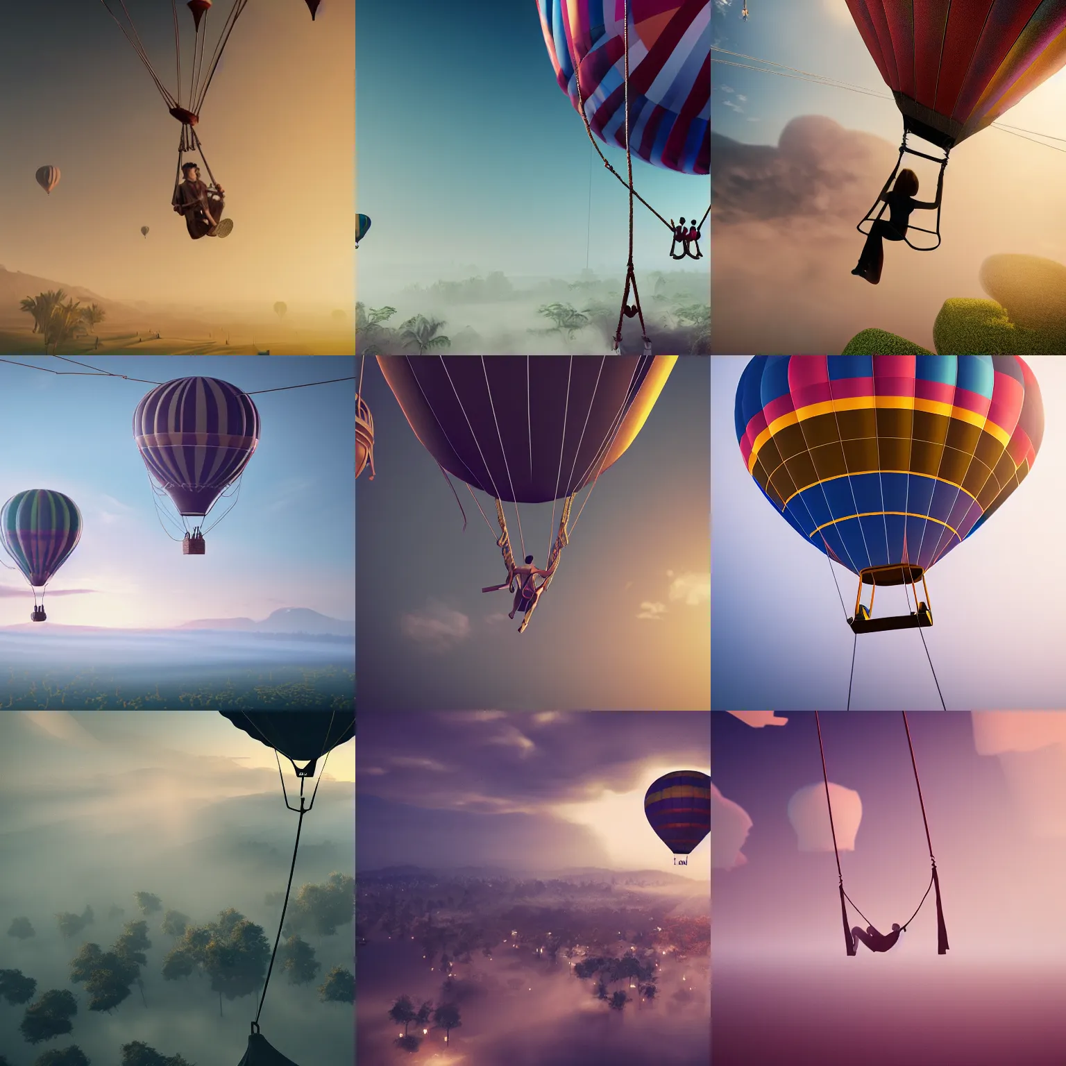 Prompt: a swing hanging from a hot air balloon, intricate detail, volumetric lighting, epic composition, hyper detailed, ultra realistic, sharp focus, octane render, ray tracing, sense of awe, swirling mist, 4 k