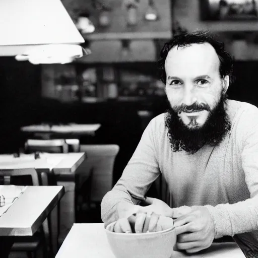 Prompt: photo from the year 1 9 8 6 of a frenchman from france seated in a restaurant. 5 0 mm, studio lighting