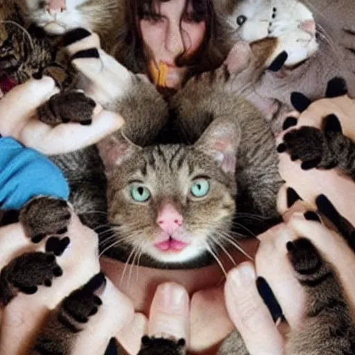 Image similar to human with thumbs for eyes and cats for hands