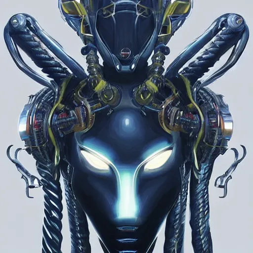 Prompt: a mech version of african medusa, with a septum piercing, very symmetrical, highly detailed, by vitaly bulgarov, by joss nizzi, by ben procter, by steve jung, concept art, quintessa, metal gear solid, transformers cinematic universe, concept art world, pinterest, artstation, unreal engine