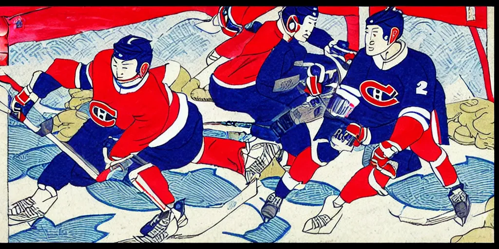 Image similar to habs hockey player suzuki breakaway ukiyo - e style,