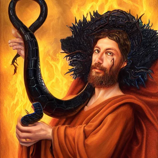 Image similar to a detailed fantasy character painting of Klaus Schwab holding a black glowing snake, devil horns, dressed like Jesus Christ, by lauri blank, artgerm, evelyn de morgan, 8K, 50mm lens