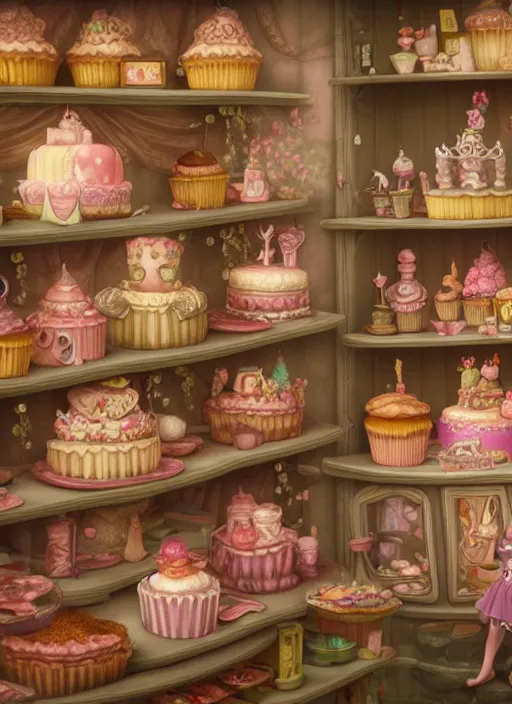 Image similar to highly detailed closeup portrait of a fairytale princess's cake shop, unreal engine, nicoletta ceccoli, mark ryden, earl norem, lostfish, global illumination, detailed and intricate environment