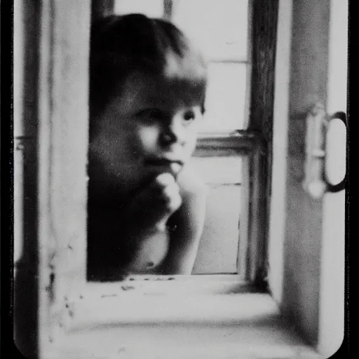 Image similar to an old photograph of a victorian child peering from a window in an abandoned mental asylum
