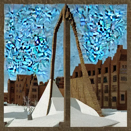 Image similar to winter refracting extraterrestrial land square hawk wheat tower archway, by martin johnson heade and jean - michel basquiat and pieter bruegel the elder, voxel, low poly, 2 0 megapixels