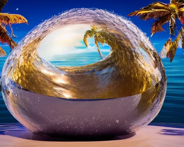 Image similar to a giant sculpture of the birth of the universe on the ocean water, in the style of jeff koons, award winning, cinematic, hyper - realistic, very detailed, realistic water splashes, ray tracing, 8 k resolution, long - shot, sharp focus, low angle, 8 5 mm photograph, wide lens