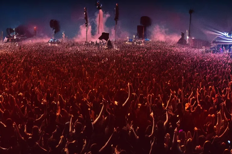 Prompt: a huge crowd partying with their hands up at a festival, silhouette, digital art, trending on artstation, 4k, unreal engine, intricate, ornate