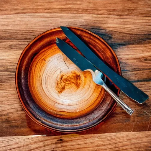 Prompt: a fork, a plate and a knife on a wooden table