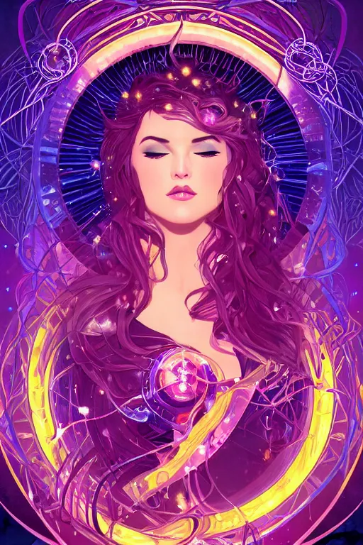 Prompt: she dreams of arcs of purple flame intertwined with glowing sparks, glinting particles of ice, dramatic lighting, steampunk, bright neon, secret holographic cyphers, red flowers, solar flares, high contrast, smooth, sharp focus, art nouveau, intricate art by artgerm and Alphonse Mucha