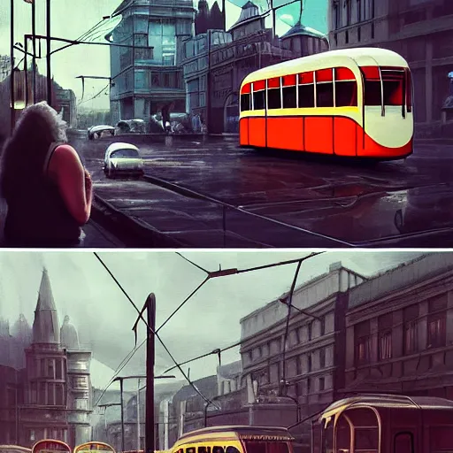 Image similar to retro futuristic vintage cars, buses, trams, street scene, atmospheric lighting, painted, intricate, volumetric lighting, beautiful, daytime, sunny weather, slight overcast, sharp focus, deep colours, ultra detailed, by leesha hannigan, ross tran, thierry doizon, kai carpenter, ignacio fernandez rios