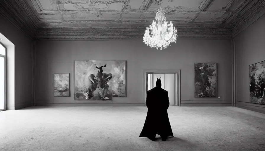 Image similar to Batman standing in giant Italian modern castle living room, clean minimalist design, that is 1300 feet tall, with very tall giant walls filled with modern art paintings, doors that are cosmic portals, photo by Annie Leibovitz