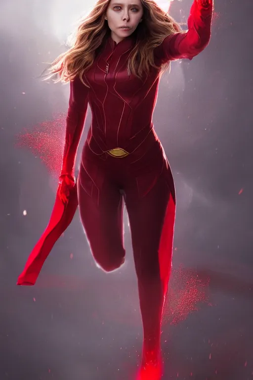 Image similar to movie still of elizabeth olsen as scarlet witch developing a barrier of red energy enveloping her body!!!!!, photorealistic art style, fantasy aesthetic. full - body photography, comprehensive art, thorough details, intricate, artstation, cgsociety contest winner