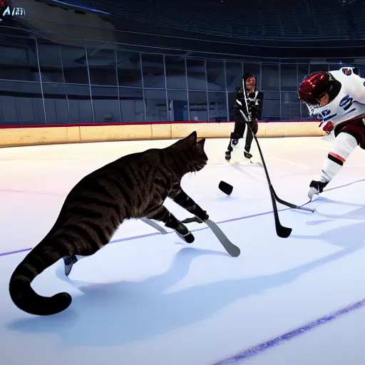 Prompt: cats playing ice hockey, unreal engine 5 4 k, hyperdetailed photorealism, extremely high quality