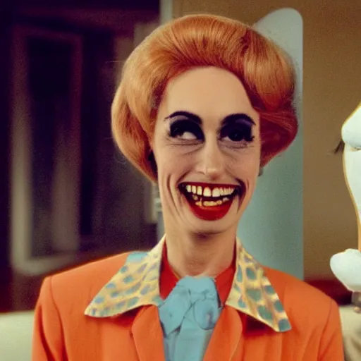 Image similar to Still from a John Waters film about a woman and an anthropomorphic tooth, color 1970