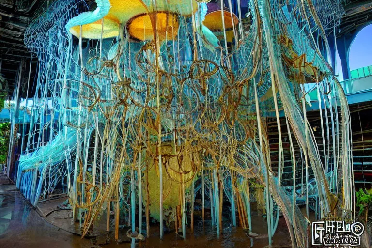 Prompt: favela jellyfish cathedral coaster hive, art nouveau waterfall environment, industrial factory, terrifying, award winning art, epic dreamlike fantasy landscape, ultra realistic,