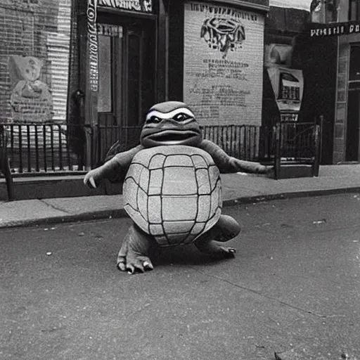 Image similar to Beautiful Portrait Photograph from 1950s of a ninja turtle in the middle of a New York street,