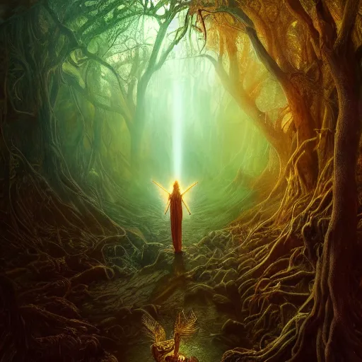 Image similar to Photorealistic demon god standing in an enchanted magical forest in the style of Michael Whelan and Gustave Dore. Hyperdetailed photorealism, 108 megapixels, amazing depth, glowing rich colors, powerful imagery, psychedelic Overtones, 3D finalrender, 3d shading, cinematic lighting, artstation concept art