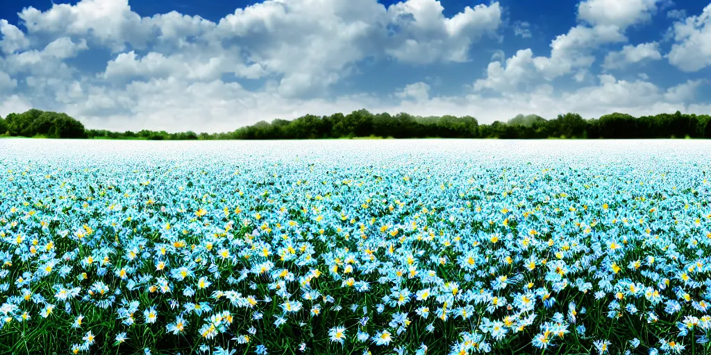 Image similar to field of light blue daisies, matte painting, white sky